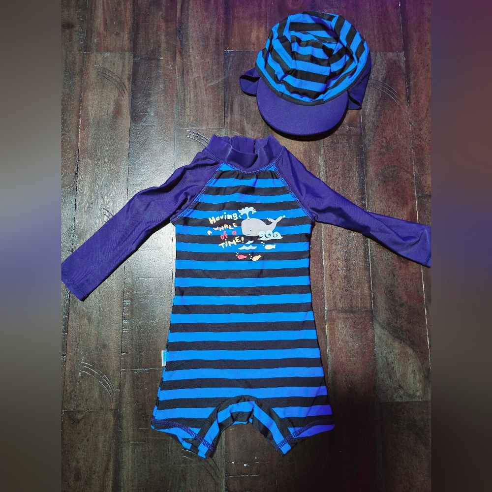 Children's Blue and Purple Striped Swimsuit with Hat
